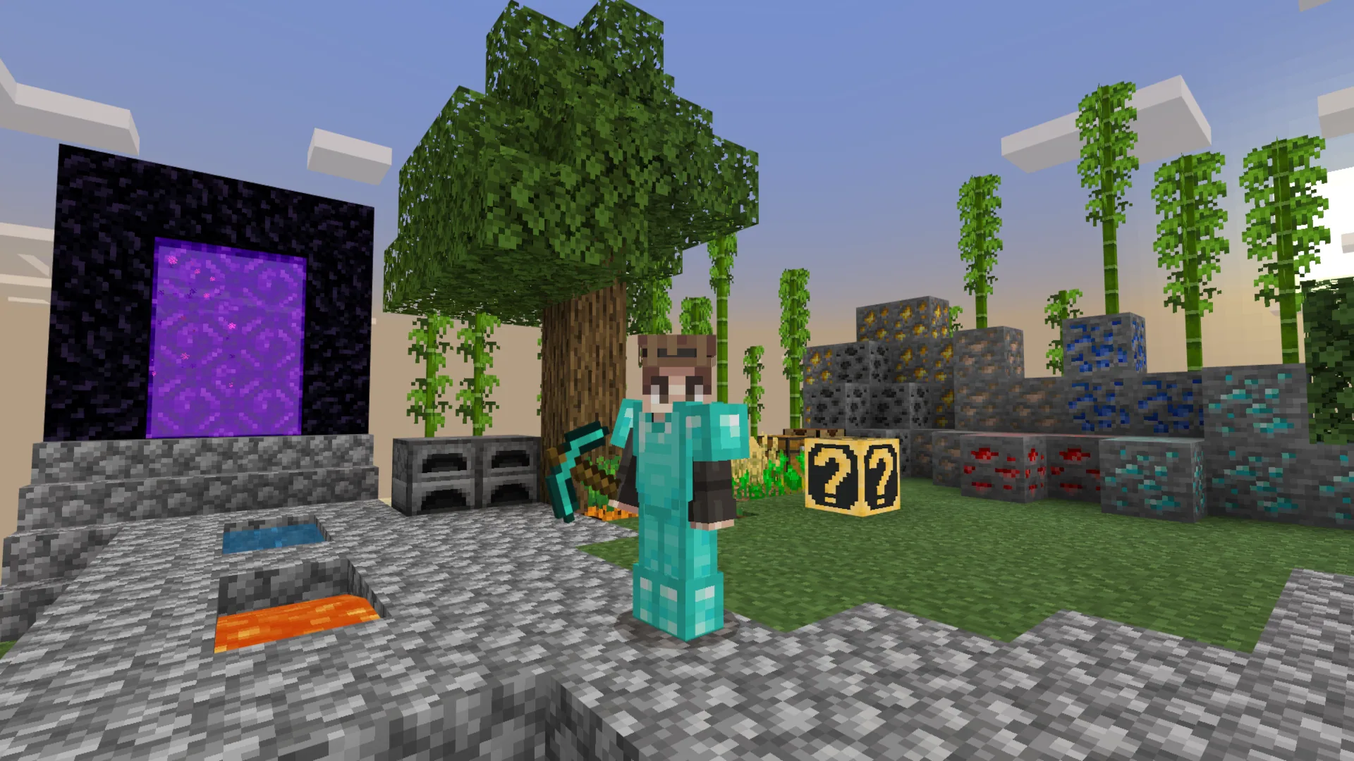 A player in diamond armor holding a pickaxe on an expanded island, with a golden lucky block, ore blocks, a nether portal and bamboo around