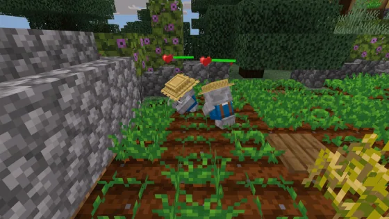 Two farmer golems tending a field of crops