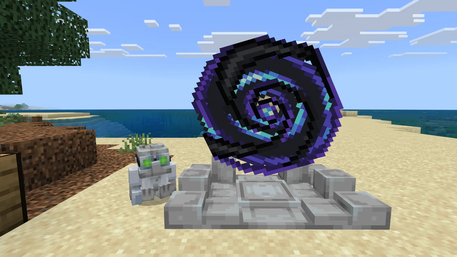 The scientist golem standing beside a portal it opened on the beach