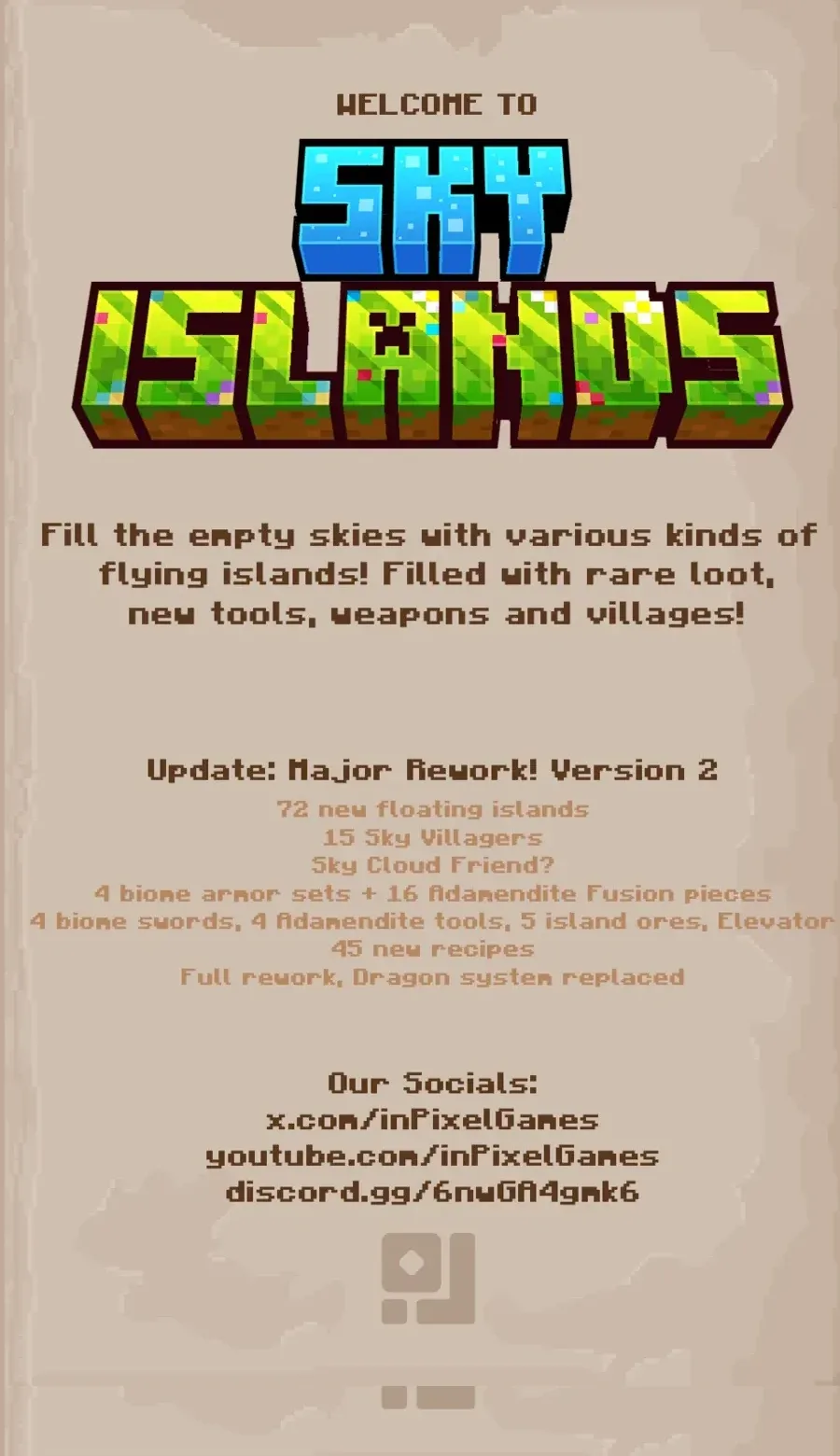 Sky Islands guide, welcome page with the Version 2 changelog